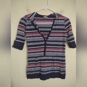 VTG Y2K Union Bay Striped Henley‎ Hoodie Medium Hipster Grunge Preppy Casual